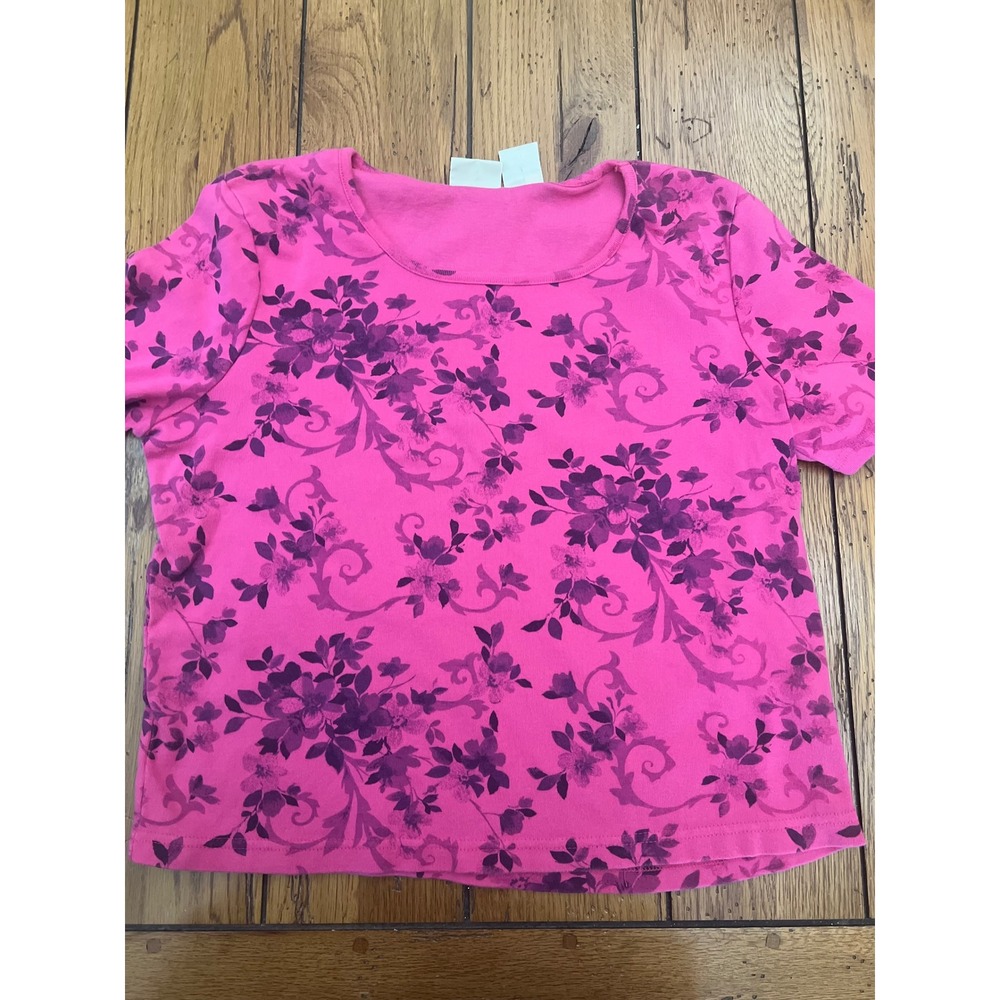 St. Johns Bay Pink Floral Scroll Short Sleeve Cotton Tee Shirt Petite Large